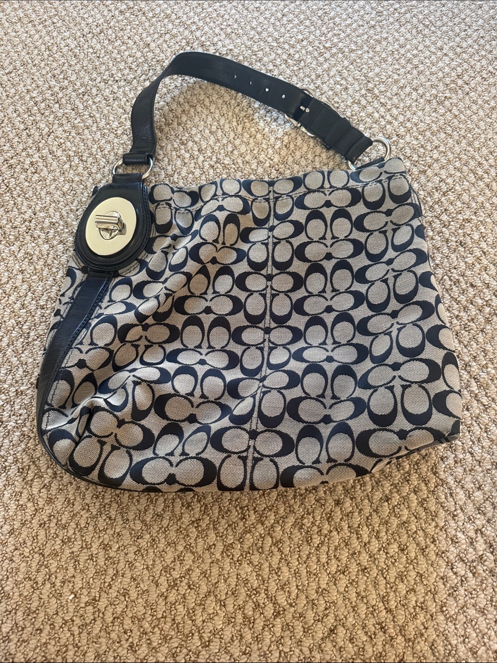 Coach Navy and Beige Signature Jacquard Shoulder Bag